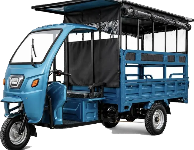 Tricimoto híbrida RiderFi Solar azul con techo, asientos y espacio de carga